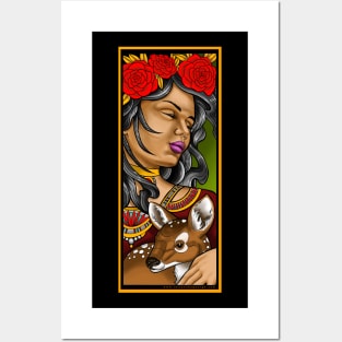 Neotraditional girl with fawn Posters and Art